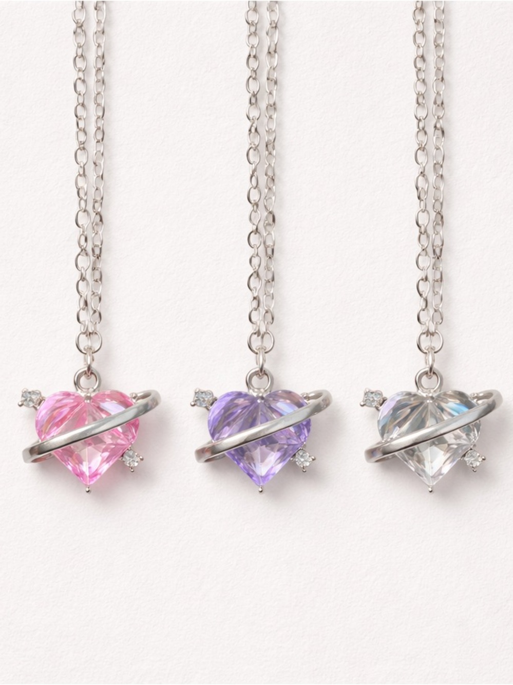 3 pieces Planet Pendant heart Necklace with Pink, Purple, and Clear Gemstones